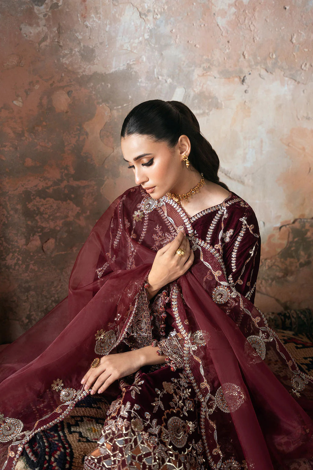 Ramsha V-701 | Luxury Embroidered Maroon Velvet 3-Piece Suit