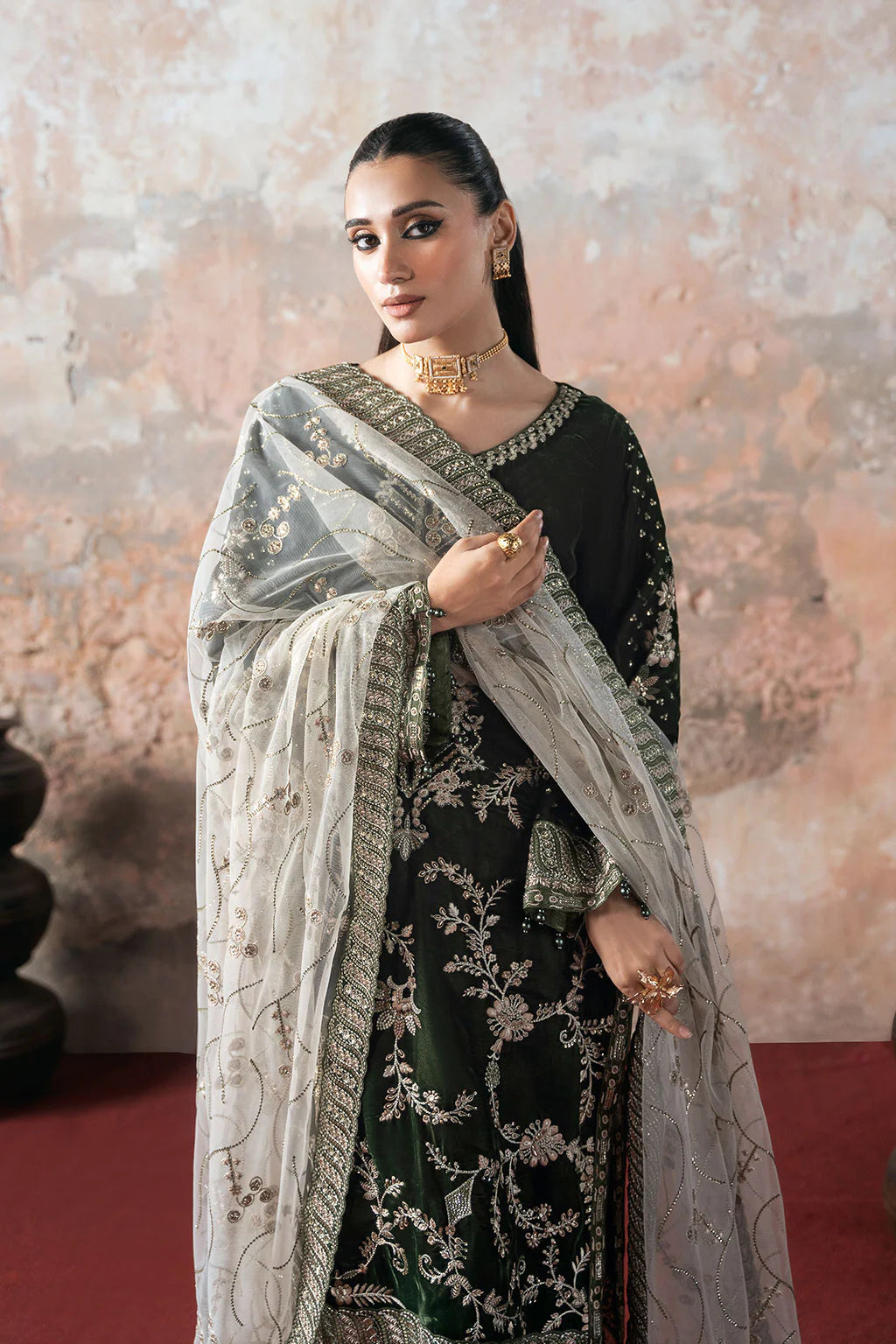 Ramsha V-705 | Luxury Velvet Embroidered 3-Piece Suit with Sequinned Net Dupatta