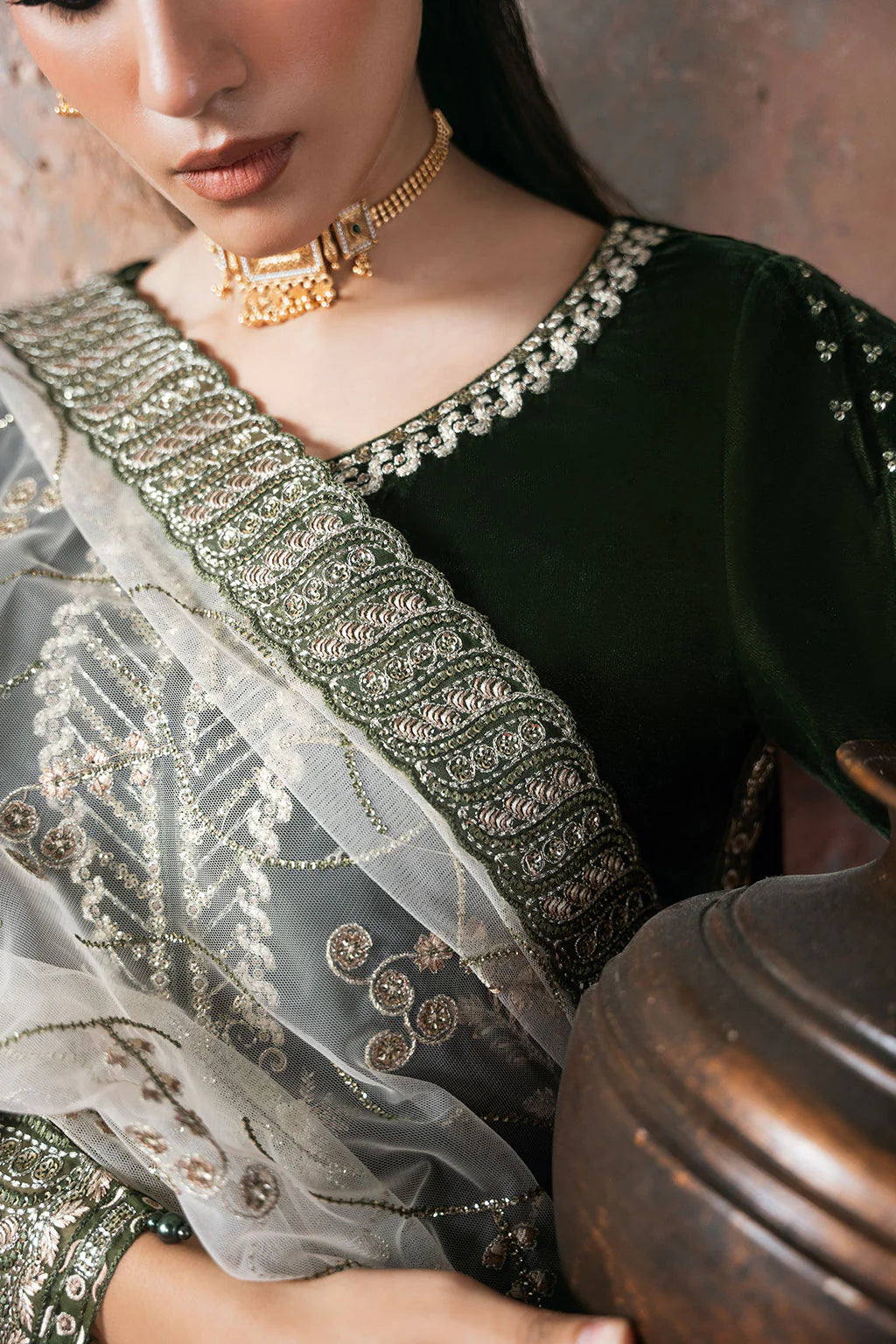 Ramsha V-705 | Luxury Velvet Embroidered 3-Piece Suit with Sequinned Net Dupatta