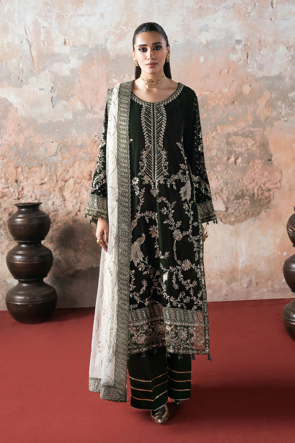 Ramsha V-705 | Luxury Velvet Embroidered 3-Piece Suit with Sequinned Net Dupatta